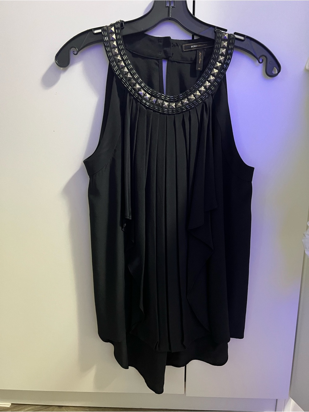 BCBGMaxAzria Black Beaded Pleated Sleeveless Top